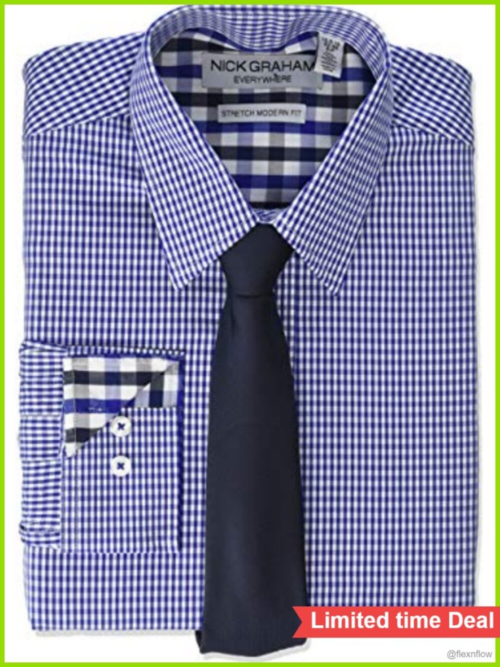 Men's Stretch Modern Fit Gingham Dress Shirt and Solid Tie Set